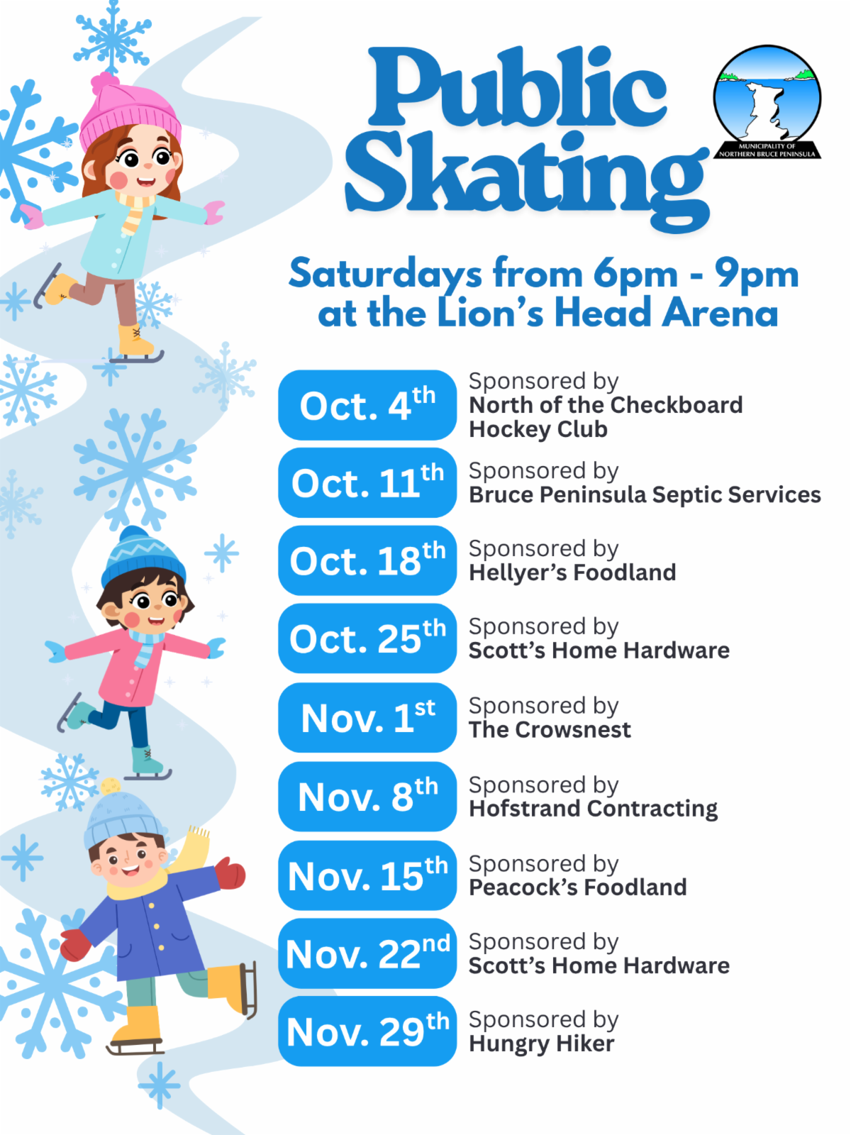 Public Skating Poster with listed sponsors for free skates on Saturdays in October and November at the Lion's Head Arena