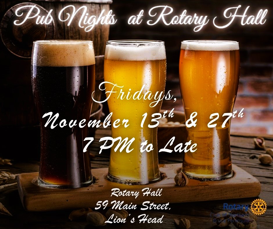 Pub Nights at Rotary Hall for November. Details in link.