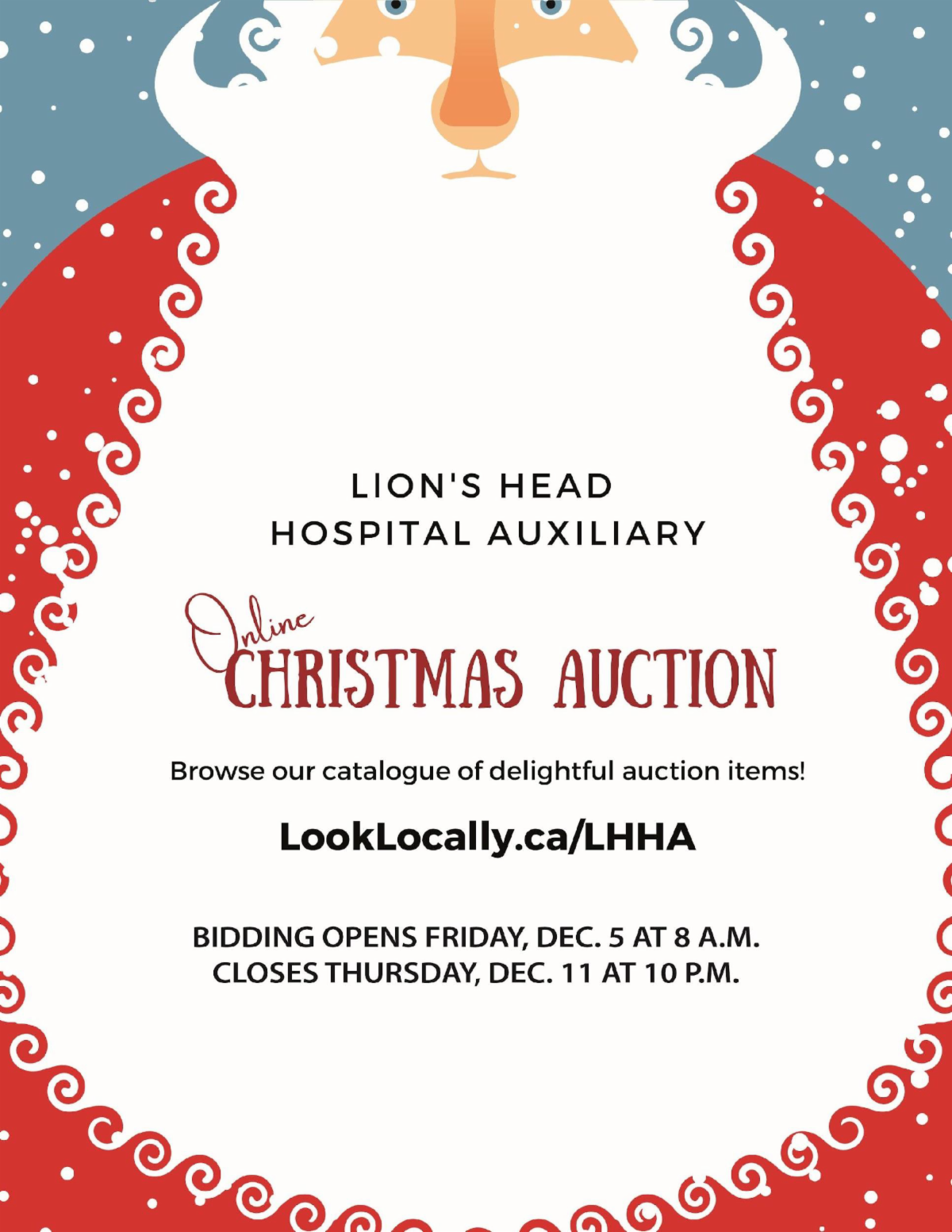 Lion's Head Hospital Auxiliary Online Christmas Auction Poster. Details in link.
