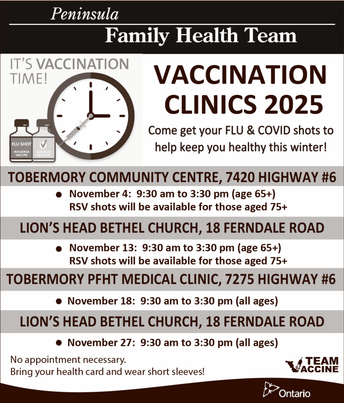 Vaccination Clinic Poster. Link provides details for dates and locations