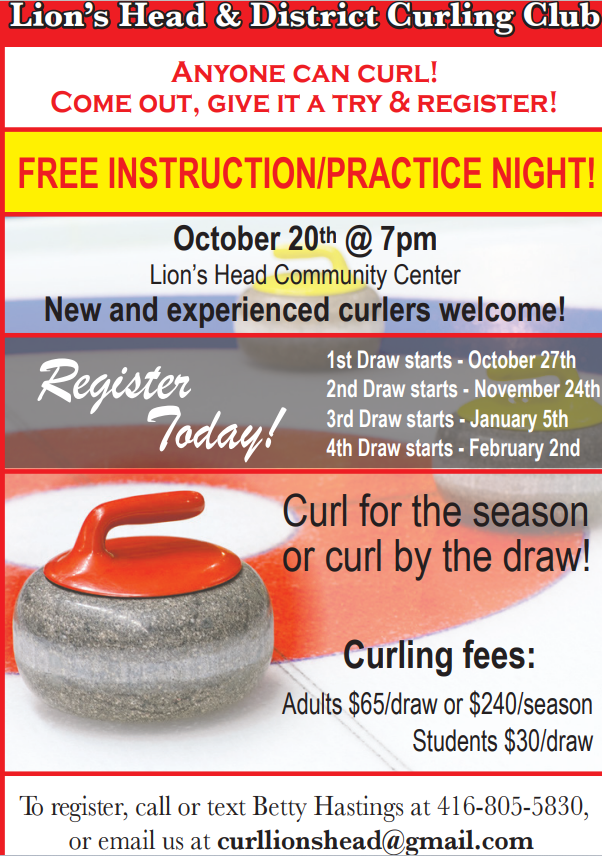 Curling club free instruction night Oct 20. Rregister to curl by draw or season. Everyone welcome.