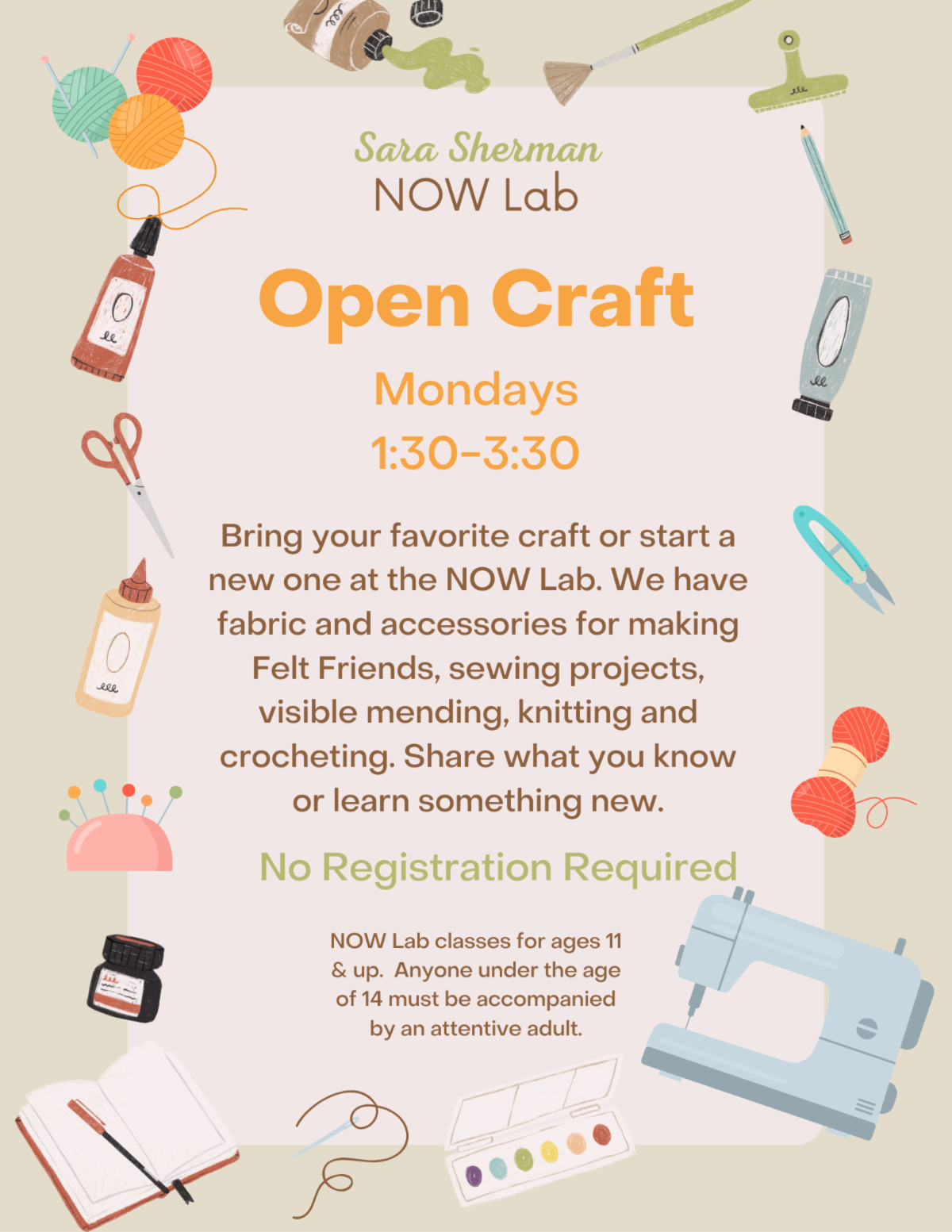 Mondays 1.30-3.20. Bring your favorite craft or start a new one at the NOW Lab. For details please click on the image. No registration required. 