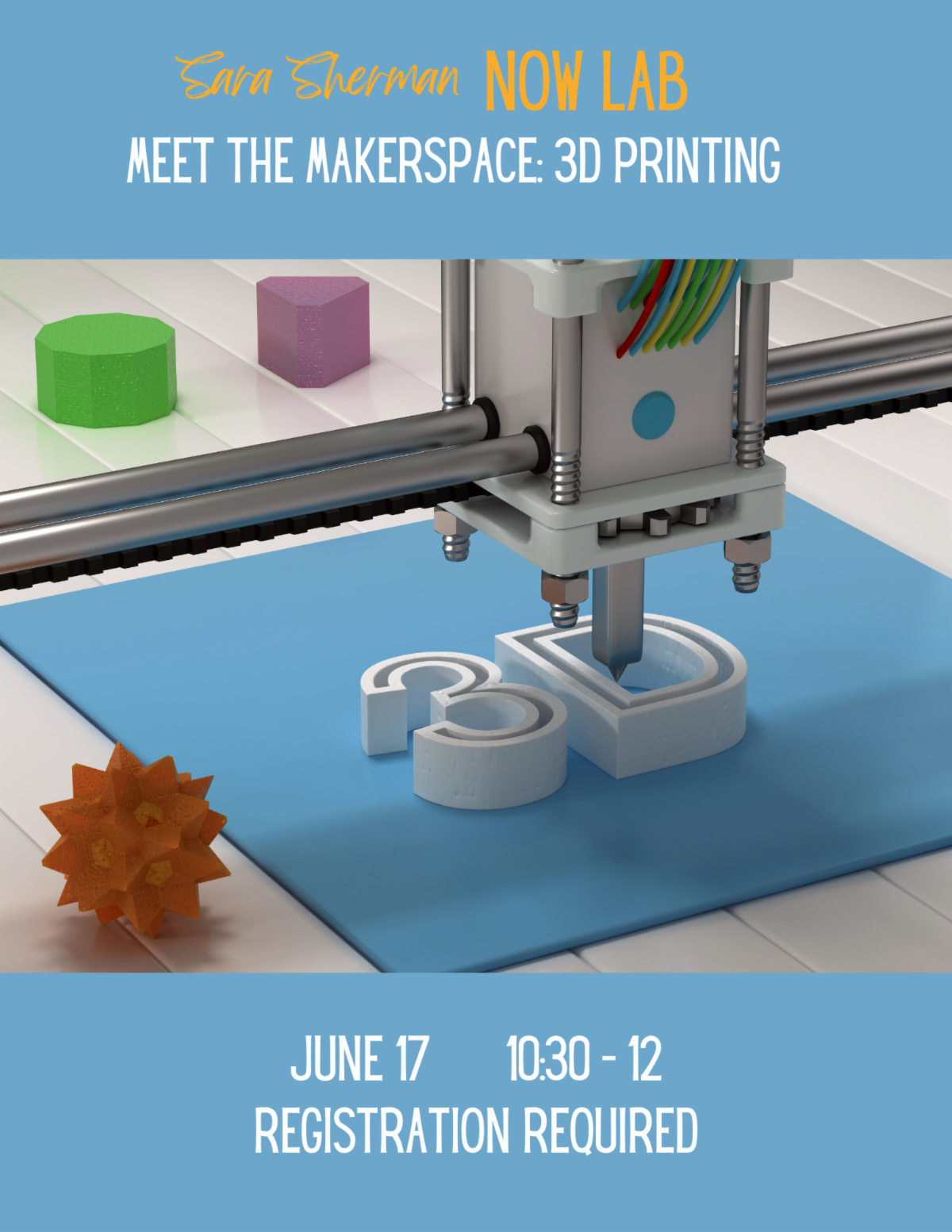 Meet the Makerspace 3d Printing. Learn how to manipulate shapes in Tinkercad a 3D design software  to create a file that can be printed with our 3d printer. For more information or to register please click on the image.