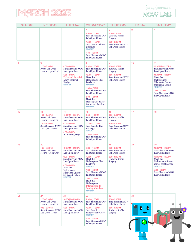 Sara Sherman Now Lab Calendar. For more details or to register for a program please click on the image. 
