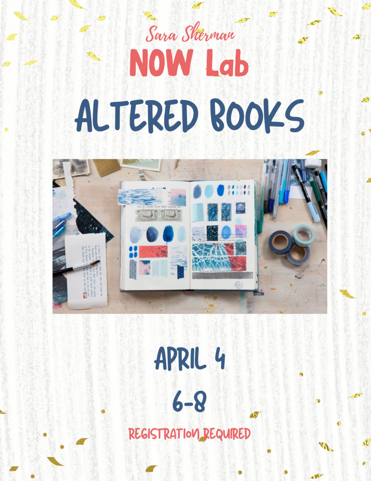 Meet the Makerspace Altered Books. TUESDAY APRIL 4 68 PM. Sara Sherman NOW Lab.
Join us as we follow along with a Creativebug class and make new art out of discarded books. For more information or to register please click on the image. 