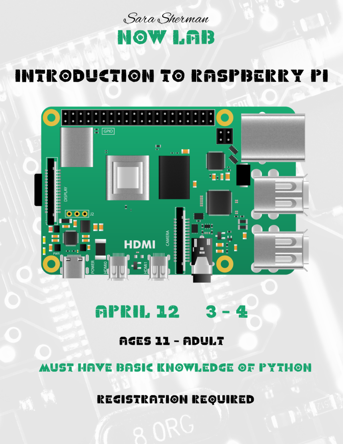 Introduction to Raspberry Pi. WEDNESDAY APRIL 12 34 PM. Sara Sherman NOW Lab. 
Learn the basics of programming a Raspberry Pi. A basic knowledge of Python is required. For more information or to register please click on the image. 