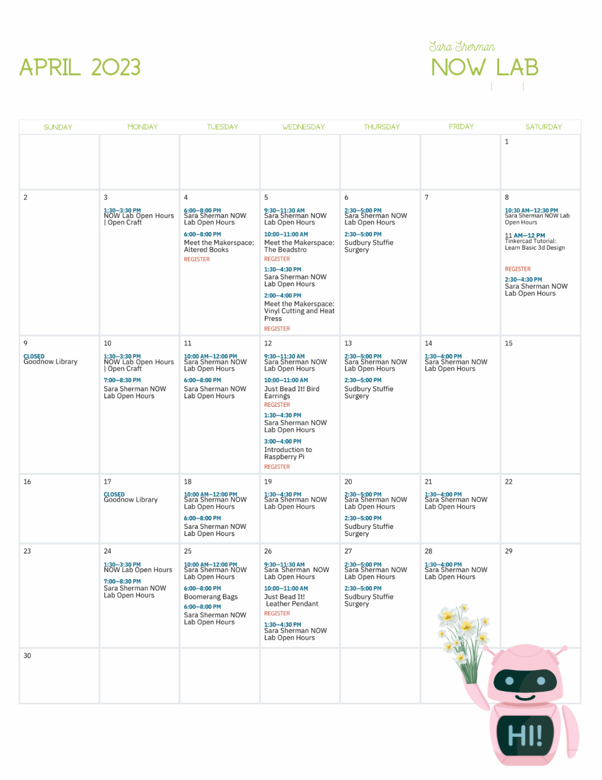 Sara Sherman Now Lab Calendar. For more details or to register for a program please click on the image. 