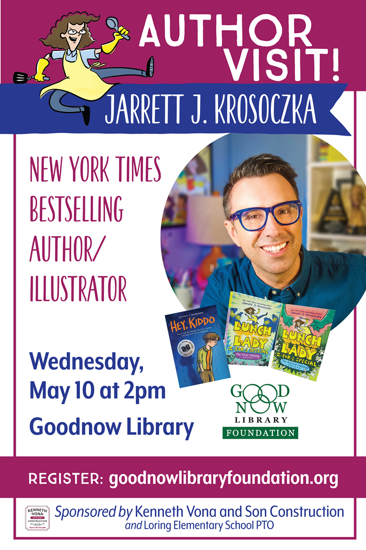 Join us we get ready to kick off this summer's reading program with a theme of Find Your Voice featuring with Jarrett J. KrosoczkaAuthor Visit with Jarrett J. Krosoczka for ages 5 & up. WEDNESDAY, MAY 10 2—3 PM. For more information, or to register please click on the image. 