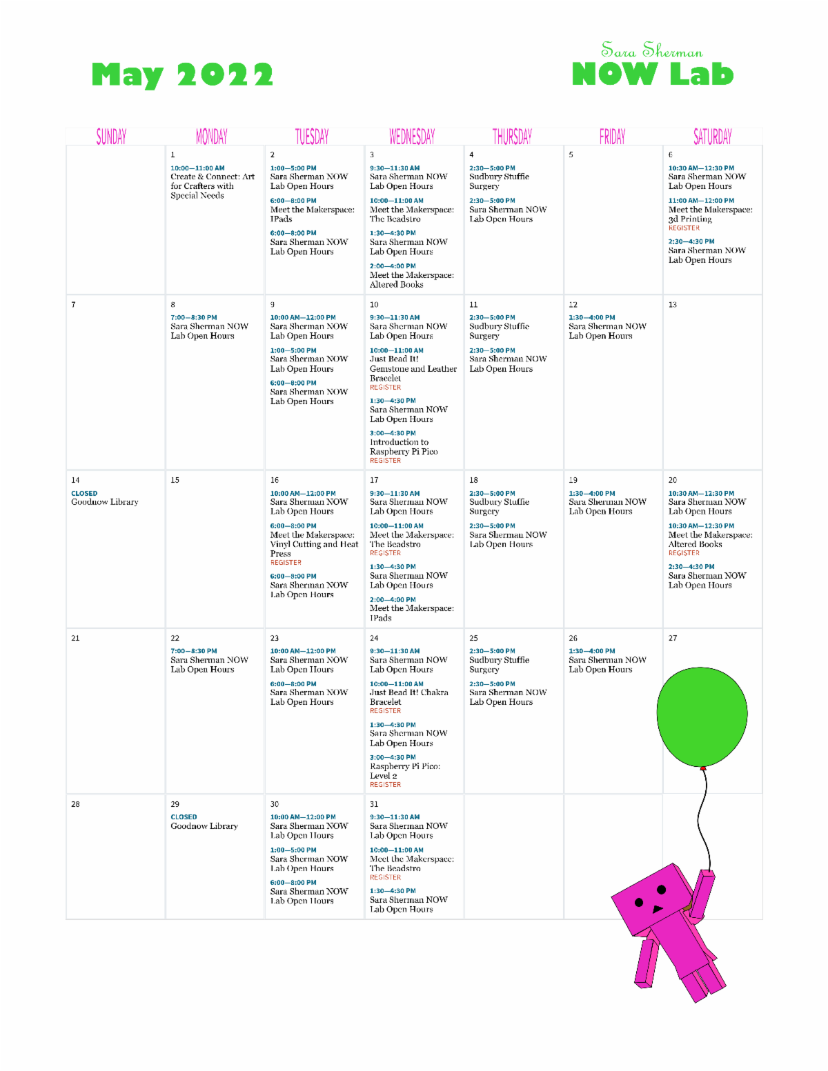 Sara Sherman Now Lab Calendar. For more details or to register for a program please click on the image. 