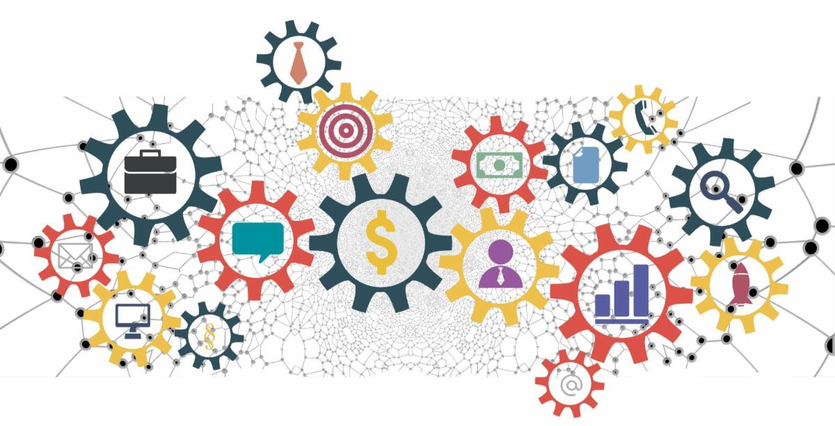 a collage of clock cogs in various colors with different icons in the center of each, such as a computer, briefcase, and dollar sign