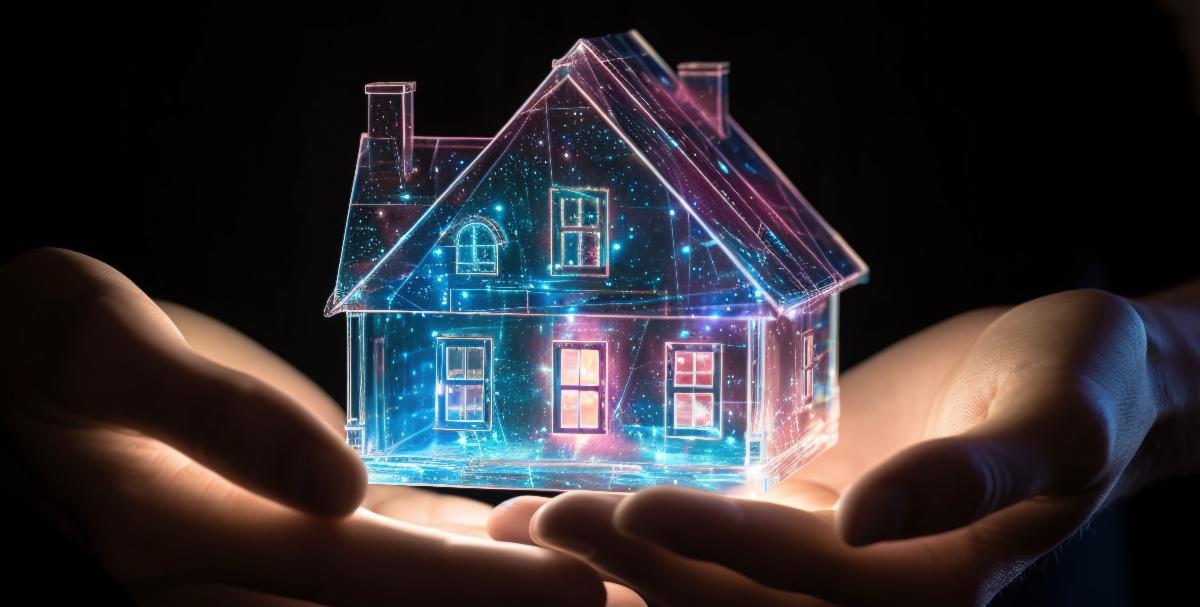 a paid of hands holding a glowing model of a house 