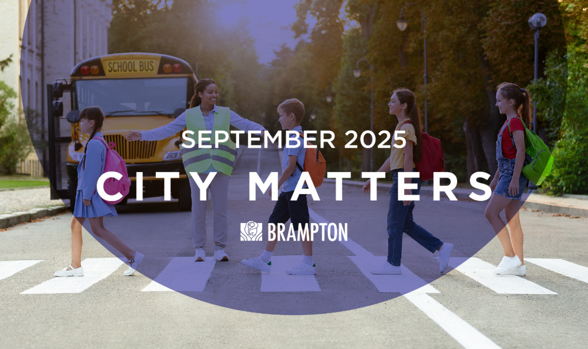 Background photo of a crossing guard helping children cross the street. Text on image says September 2025 City Matters.