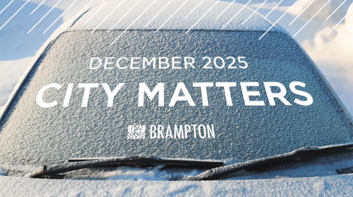 Snowy car windshield with "December 2025 City Matters" and the Brampton logo drawn in the snow