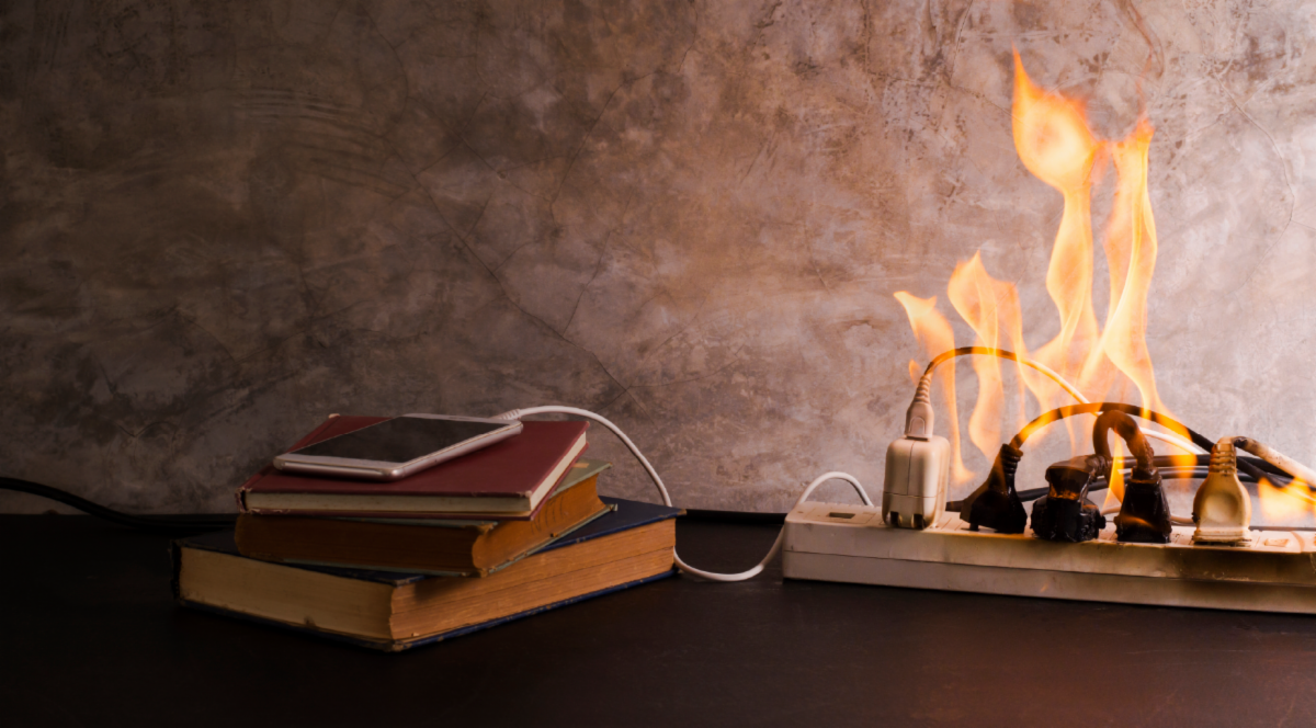 A phone plugged into an extension brick with the plugs all on fire