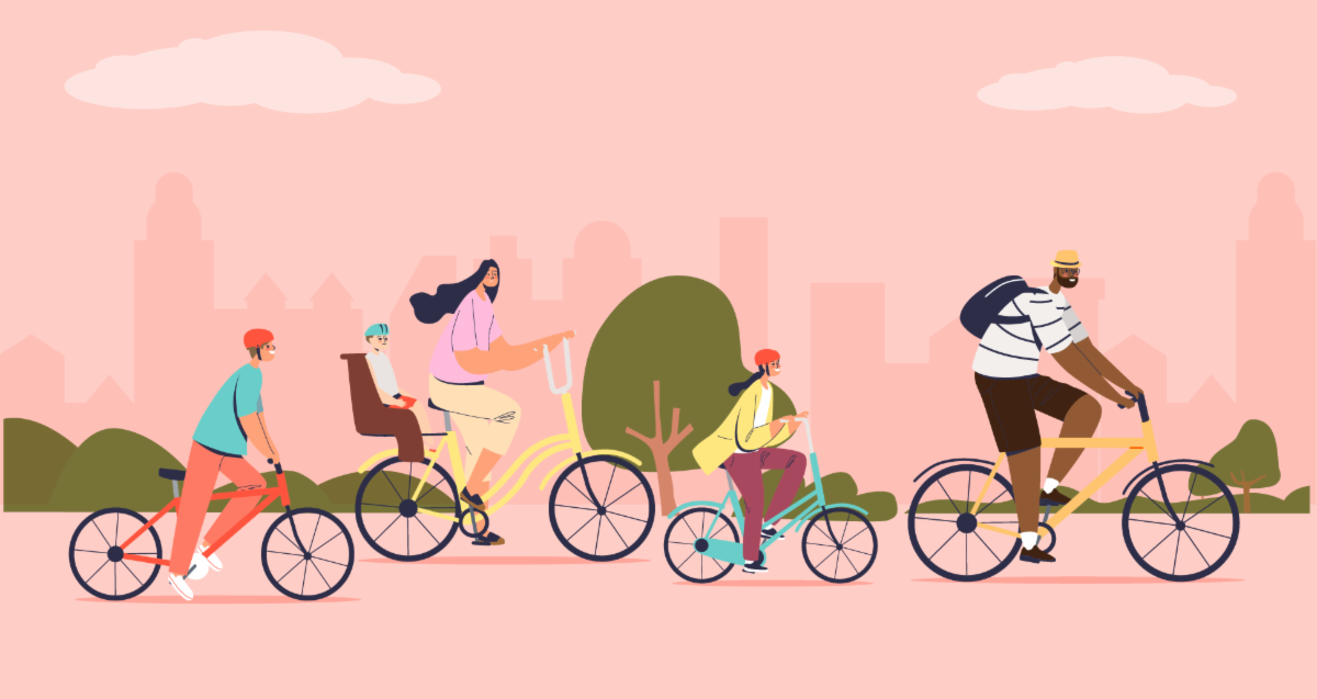 Illustrated scene of residents riding different types of bicycles through a city park, including children and adults on bikes and a family cargo bike, with a pink city skyline in the background.