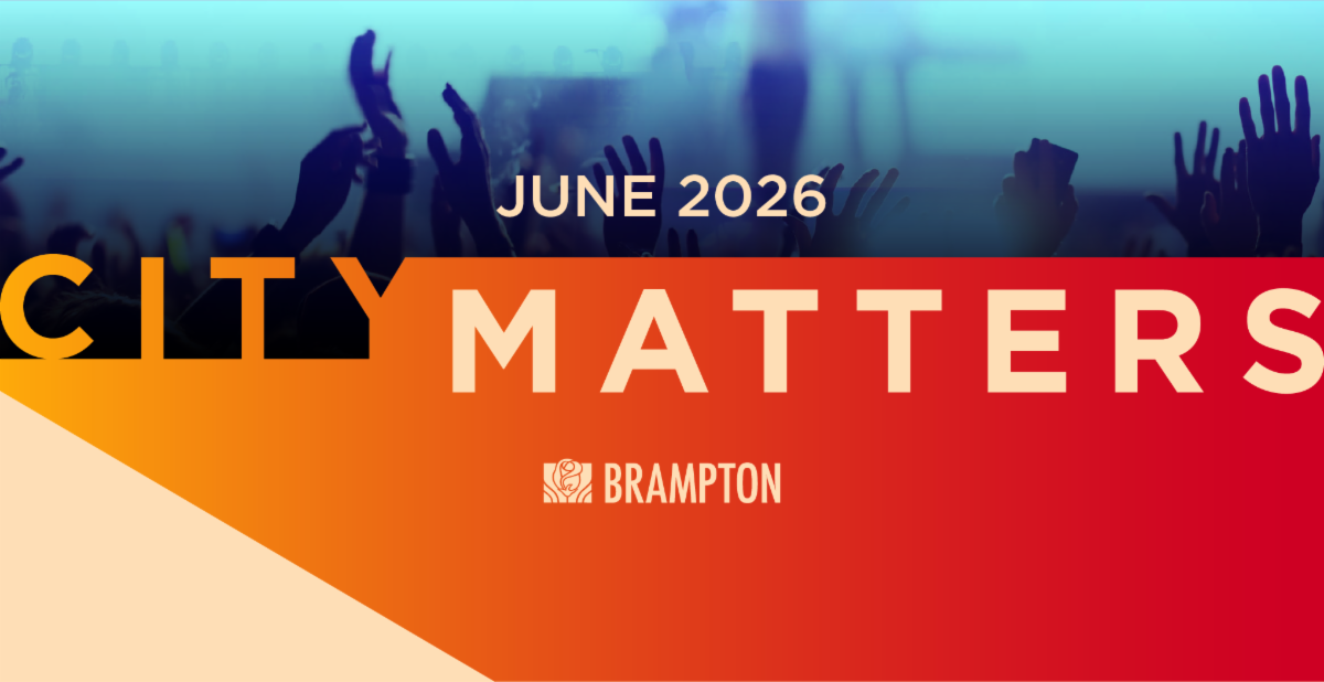 Graphic banner for the City Matters municipal newsletter featuring a crowd silhouette background, “June 2026” text, bold “CITY MATTERS” title, and the City of Brampton logo in orange and red tones.