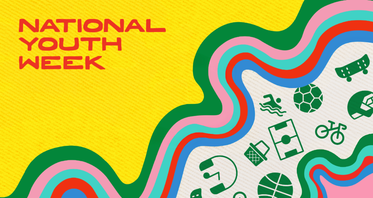 Bright abstract graphic with wavy, multicoloured lines on a yellow background. Text reads "National Youth Week".