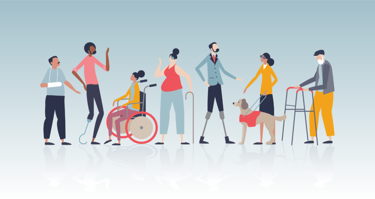 Illustration of a diverse group of people with visible and invisible disabilities, including individuals using mobility aids, a wheelchair, prosthetics, a service dog, and a walker, standing together against a light blue background.
