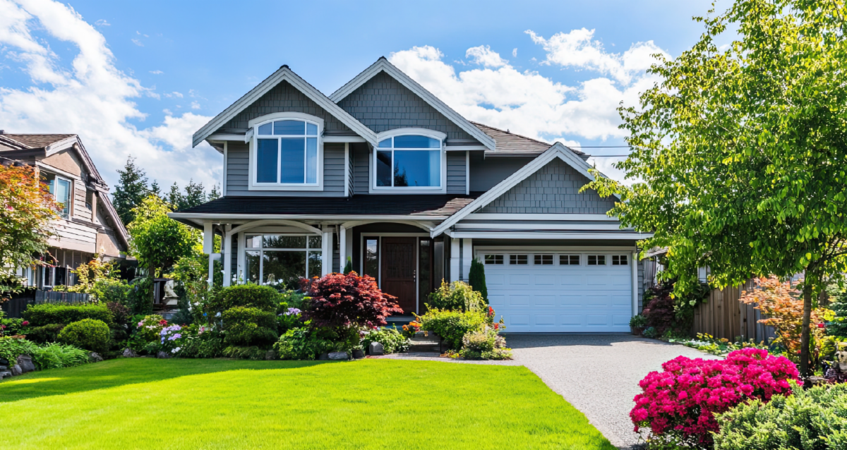 Front view of a detached suburban house with a landscaped yard and driveway.