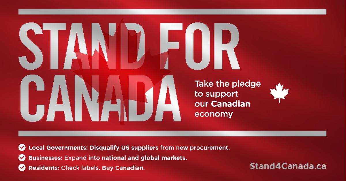 Designed tile reading, "STAND FOR CANADA Take the pledge to support our Canadian economy"