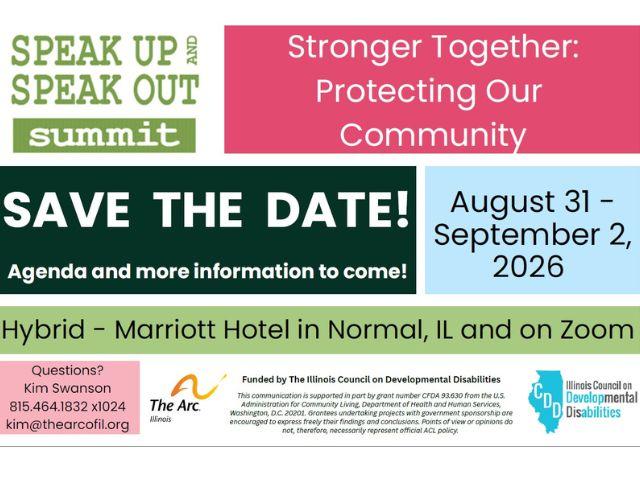 A Save the Date Postcard with information about the 2026 Speak Up and Speak Out Summit