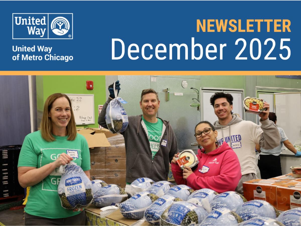 December 2025 banner with photo of volunteers holding food and frozen turkeys at Loaves & Fishes Community Services