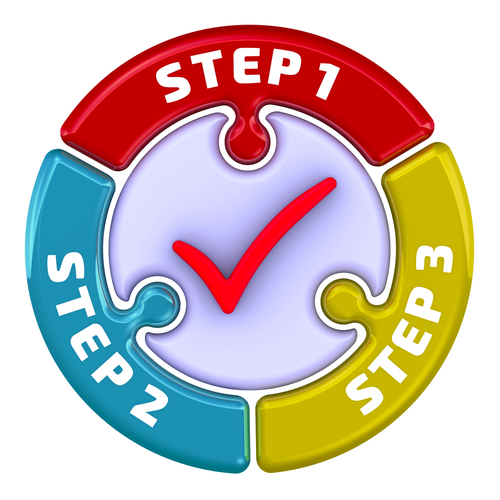 Steps 1_ 2_ 3. The check mark in the form of a puzzle. The inscription  Steps 1_ 2_ 3  on the puzzle in the shape of a circle and red checkmark. 3D Illustration. Isolated