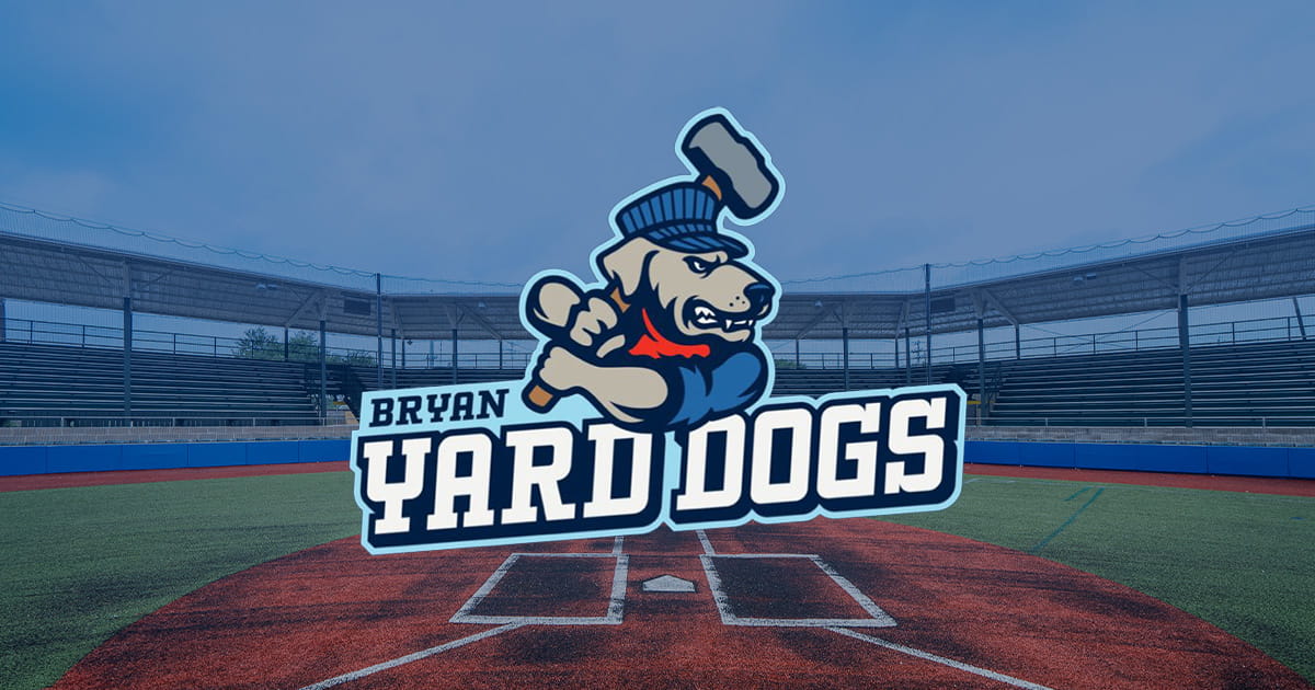 Bryan Yard Dogs logo over a photo of the newly renovated Travis Major Field.