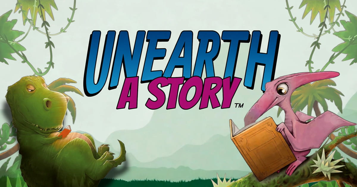 Graphic with stylized dinosaurs and the words "Unearth a Story."