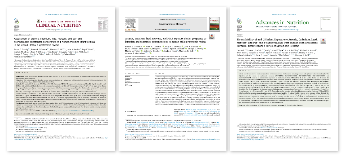 Three journal article cover pages, read from left to right. The American Journal of Clinical Nutrition , Environmental Research, and Advances in Nutrition
