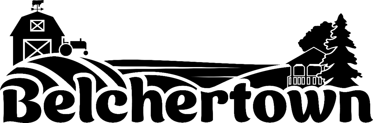 Belchertown logo showing the name of the town under town scenery in black and white
