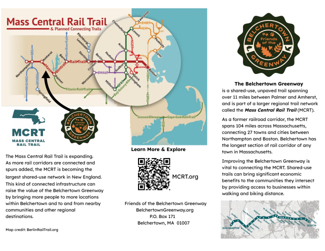 Informational flyer for the Belchertown Greenway, featuring a Mass Central Rail Trail network map showing the 104-mile corridor connecting Northampton to Boston, with Belchertown highlighted.