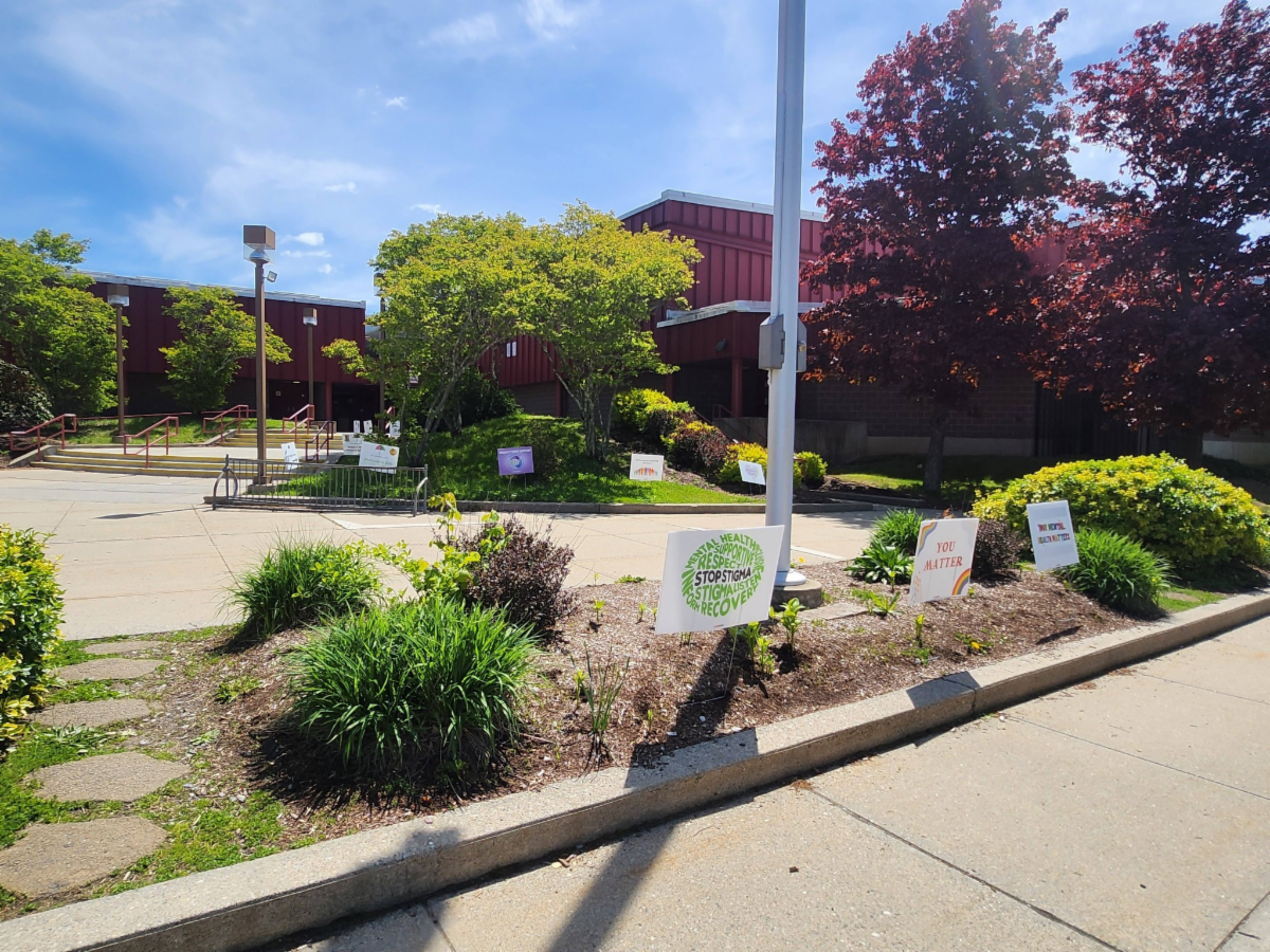 Photo of signs set up outside the Chestnut Hill Community School