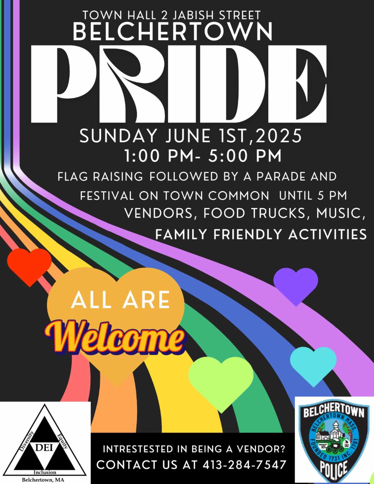 Belchertown Pride Poster with event details and welcome message over rainbow