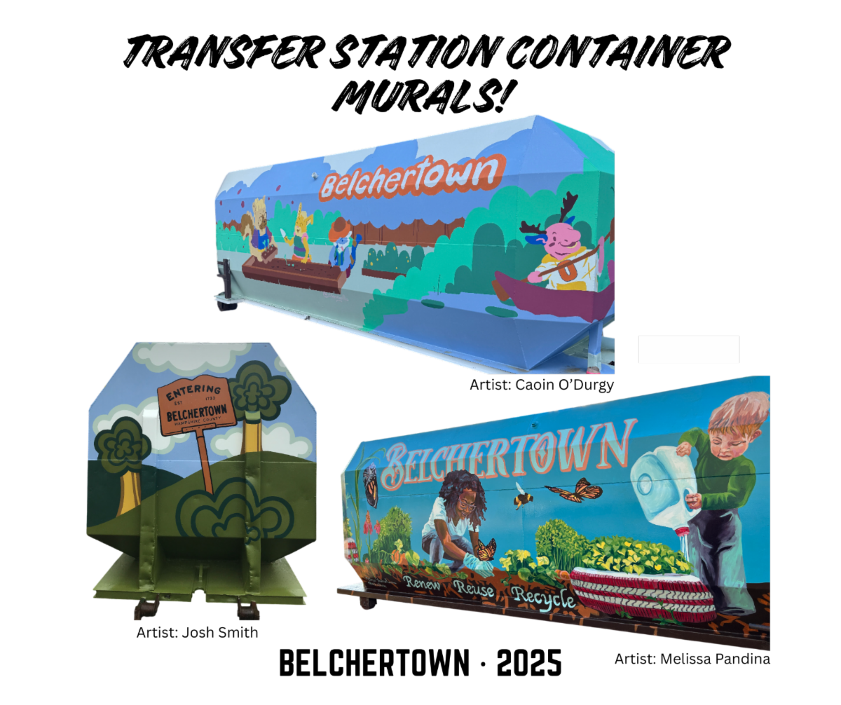 Image showing artwork on 3 transfer station containers including animals gardening a scenic cartoon and children tending to a garden
