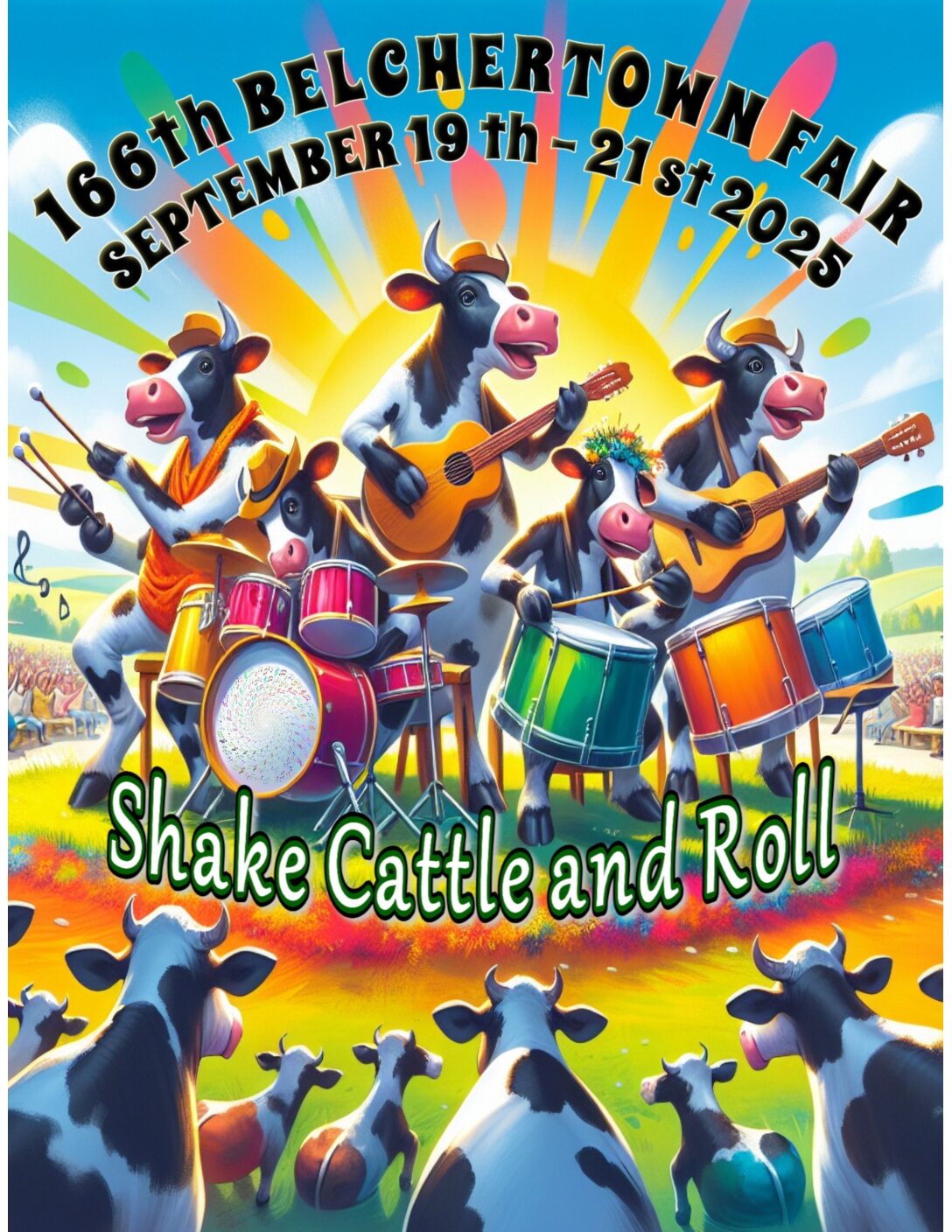 Belchertown Fair 2025 poster with theme Shake Cattle and Roll and showing a cartoon of a cow concert