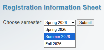Screenshot of Registration Information Sheet showing the semesters for 2026.