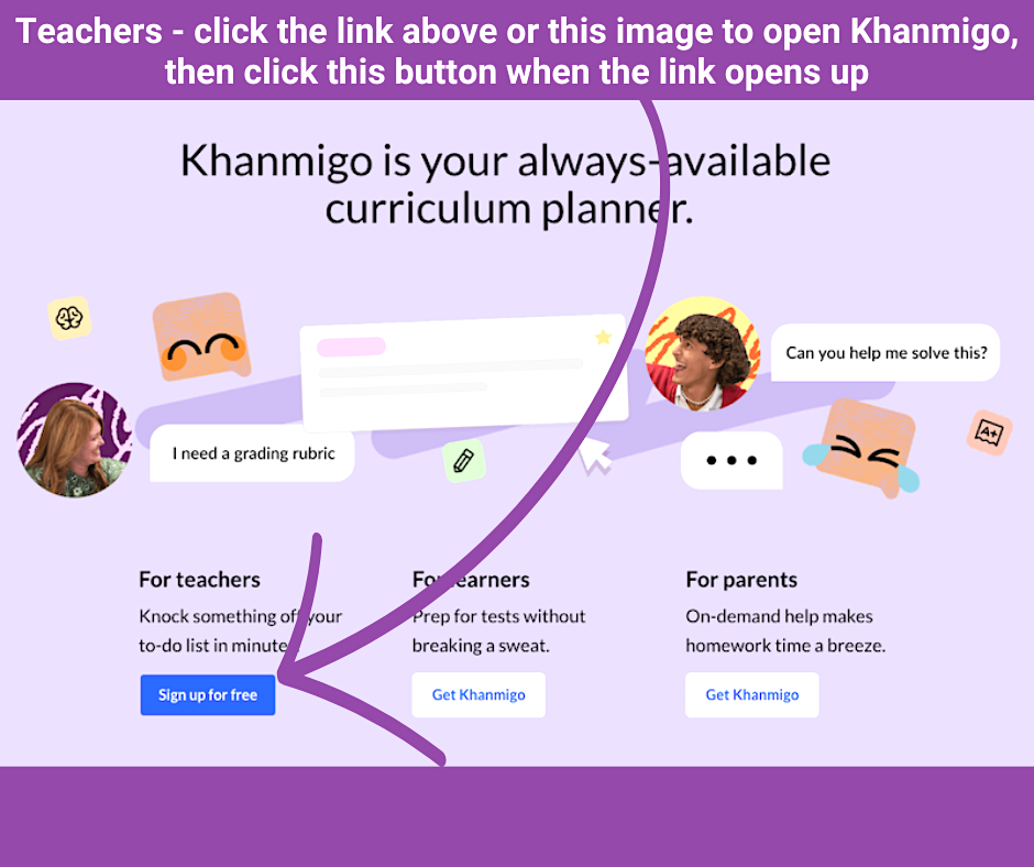 Graphic of the Khanmigo landing page with instructions for how teachers can sign up