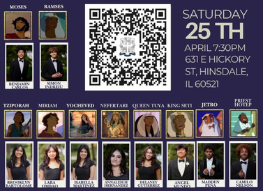 Saturday, April 25th at 7:30PM at 631 E Hickory St, Hinsdale, IL 60521. List of characters and cast members. QR Code to scan for tickets