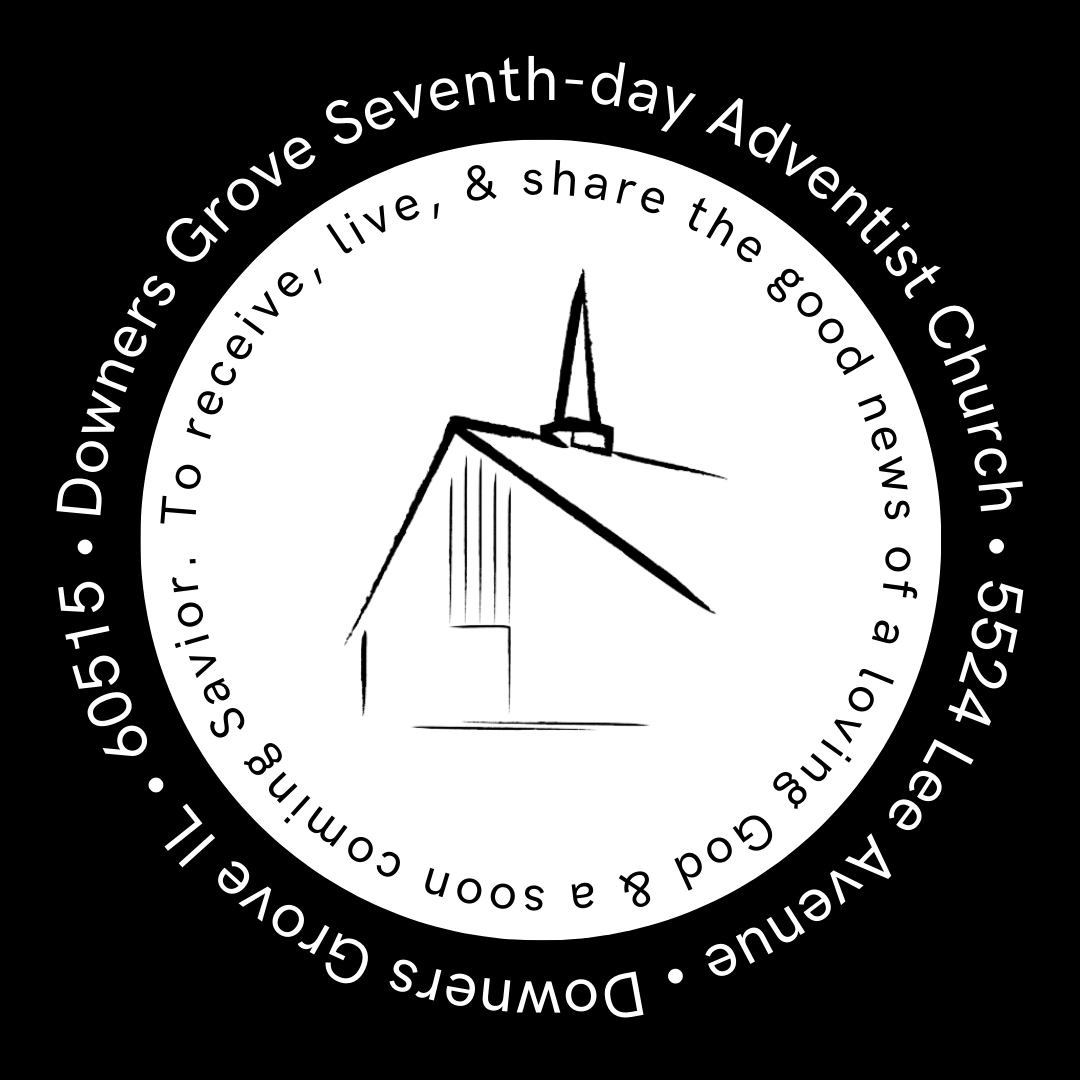 A line drawing of DGSDA Church with the church motto encircling it on a white circle. The church's name and address surrounds that circle on a background of black.