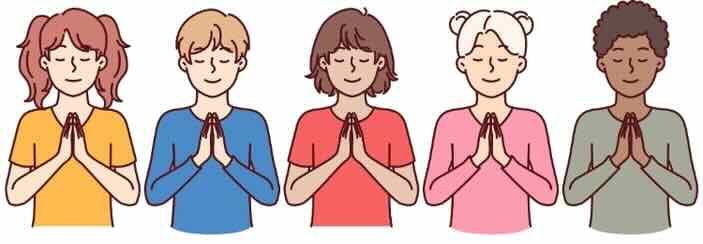 A line of cartoon students joining in prayer