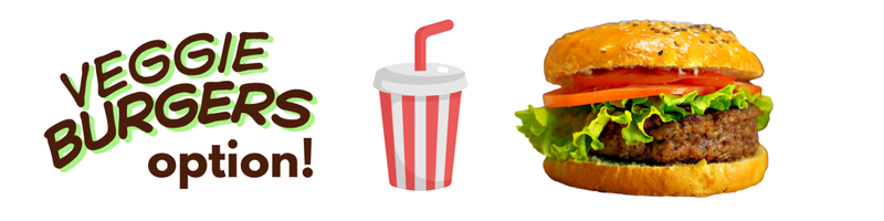 A promotional image displaying a  burger and soft drink cup & straw with the words Veggie Burger Options!