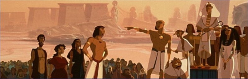 Cartoon image of Joseph and pharaoh interacted in front of crowd.