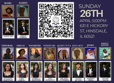 Saturday, April 26th at 5:00PM at 631 E Hickory St, Hinsdale, IL 60521. List of characters and cast members. QR Code to scan for tickets