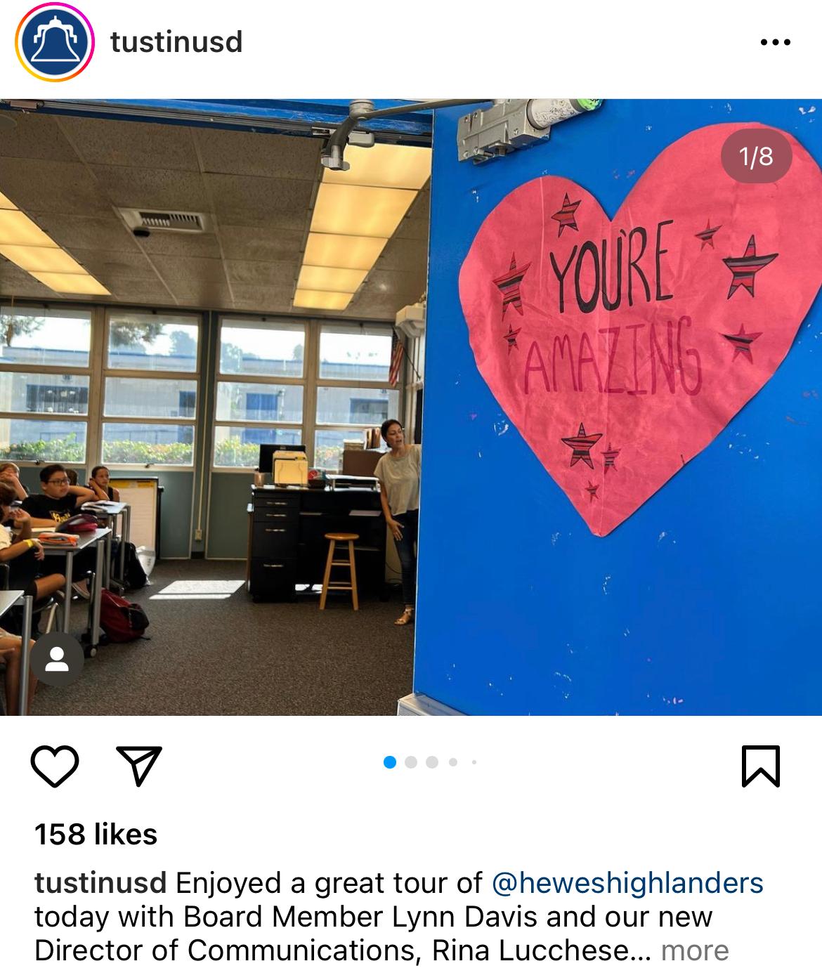 Instagram post of visit to Hewes Middle School