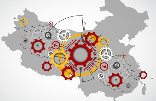 Map of China with illustrated gears. 