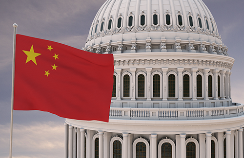 Stock image of Chinese flag and capitol building