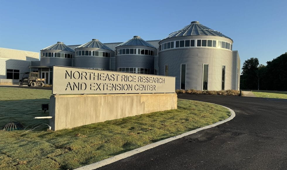 Close up on sign that says Northeast Rice Research and Extension Center