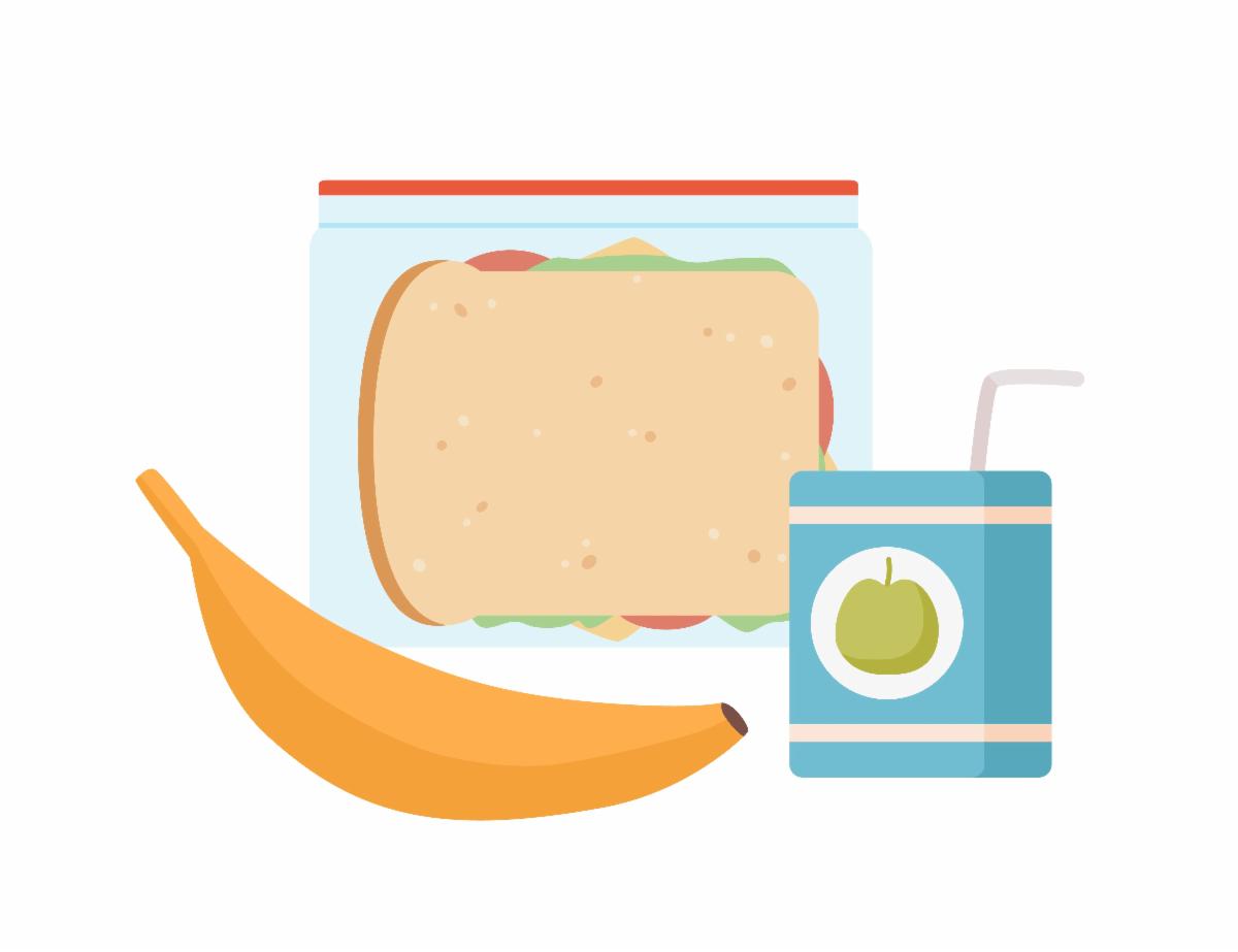 Sandwich, banana, and juice box