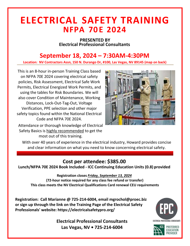 September 18 NFPA 70E 2024 Trg Class Las Vegas